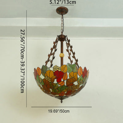 Traditional Tiffany Flower Round Basin Shape Metal Stained Glass 5-Light Pendant Light For Bedroom