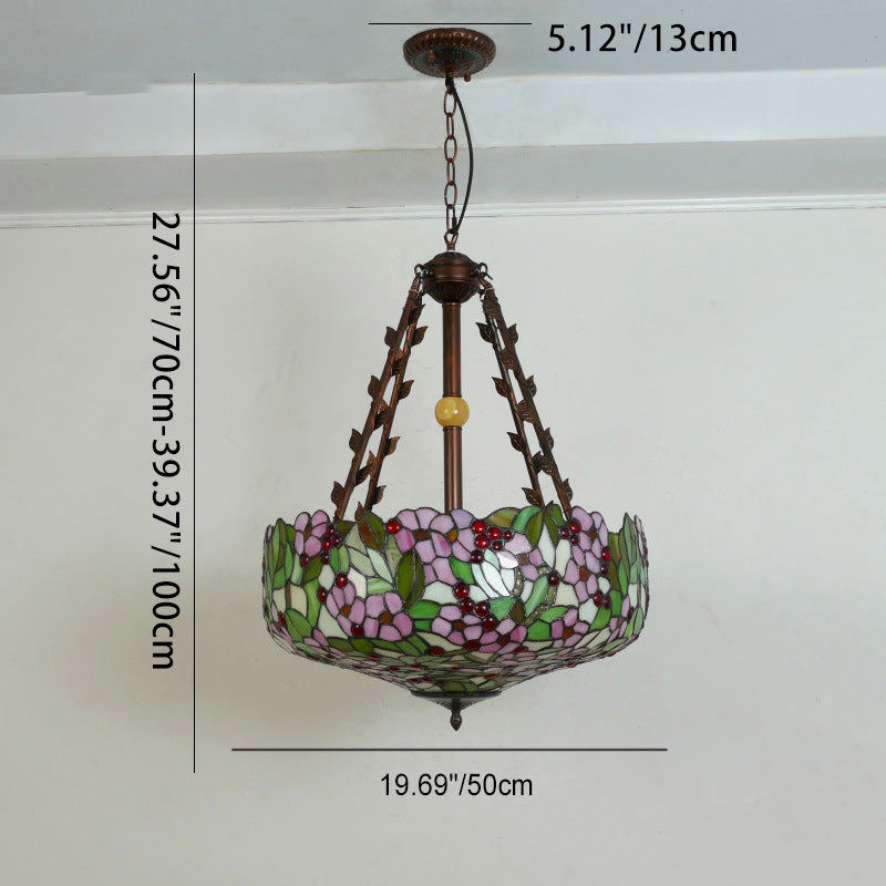 Traditional Tiffany Flower Round Basin Shape Metal Stained Glass 5-Light Pendant Light For Bedroom