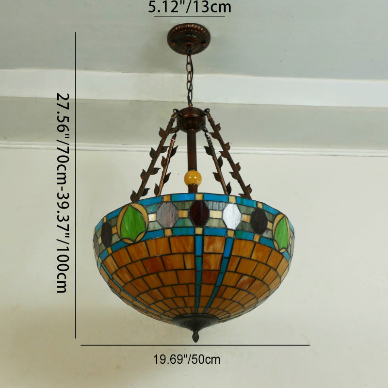 Traditional Tiffany Flower Round Basin Shape Metal Stained Glass 5-Light Pendant Light For Bedroom