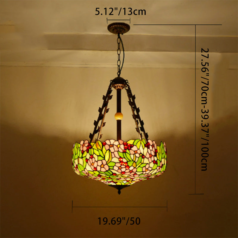 Traditional Tiffany Flower Round Basin Shape Metal Stained Glass 5-Light Pendant Light For Bedroom