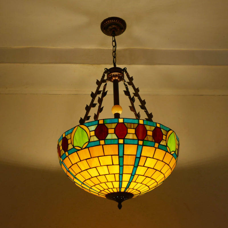 Traditional Tiffany Flower Round Basin Shape Metal Stained Glass 5-Light Pendant Light For Bedroom