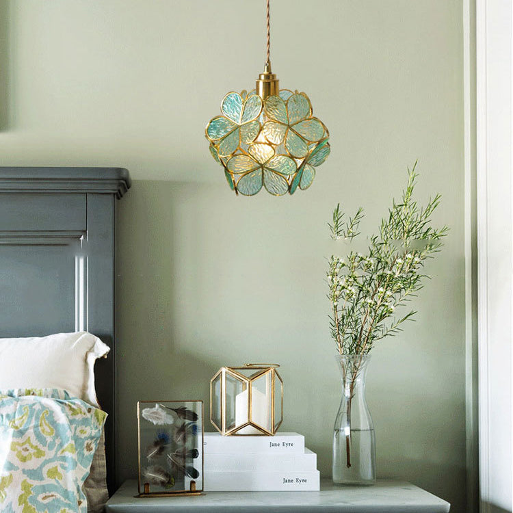 Contemporary Scandinavian Petal Round Globe Copper Glass 1-Light Pendant Light For Bedroom