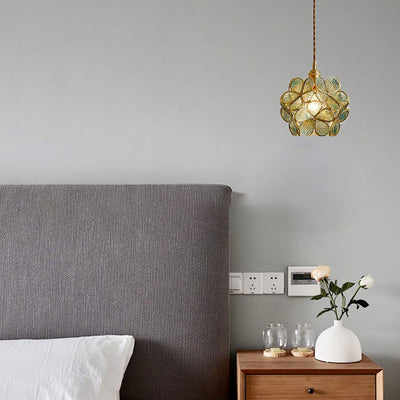 Contemporary Scandinavian Petal Round Globe Copper Glass 1-Light Pendant Light For Bedroom