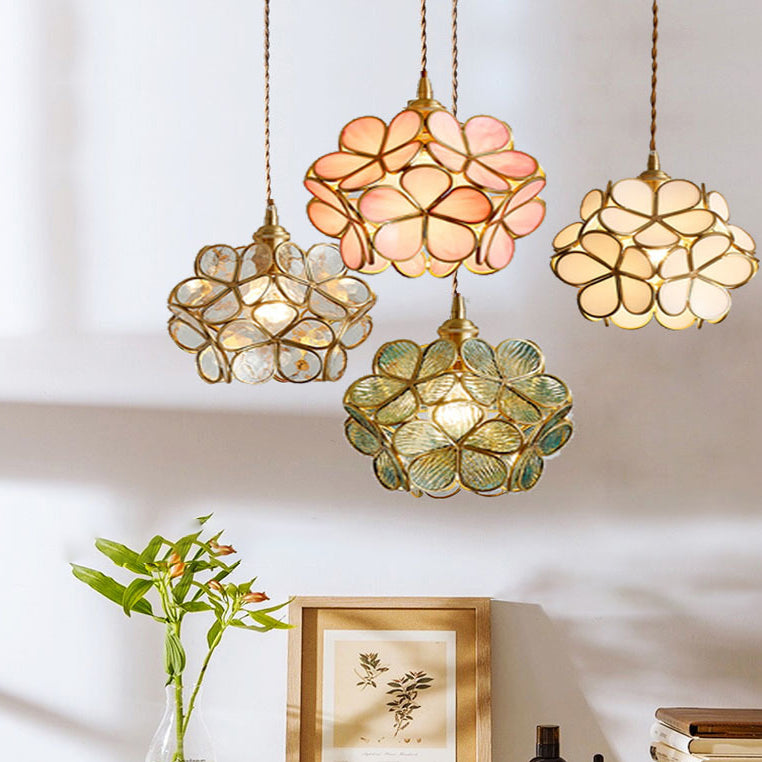 Contemporary Scandinavian Petal Round Globe Copper Glass 1-Light Pendant Light For Bedroom