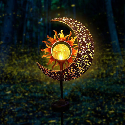 Modern Art Deco Solar Waterproof Ground Plug Star Sun Moon Iron Glass LED Outdoor Light For Garden