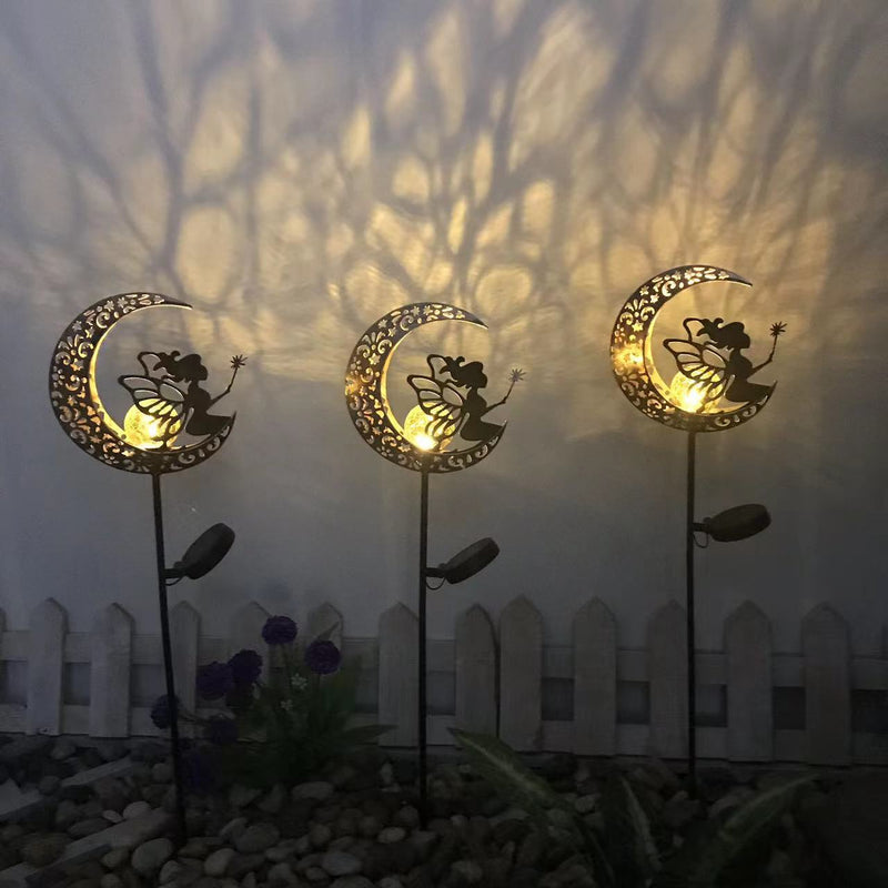 Modern Art Deco Solar Waterproof Ground Plug Star Sun Moon Iron Glass LED Outdoor Light For Garden