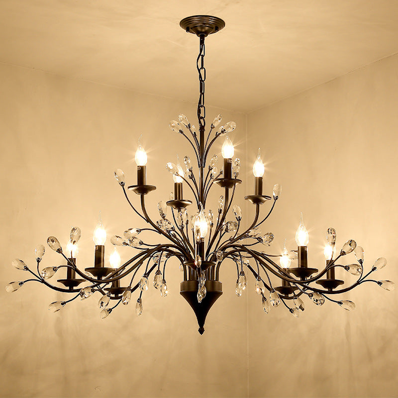 Traditional French Candle Dendritic Iron Crystal 3/6/9/12 Light Chandelier For Living Room