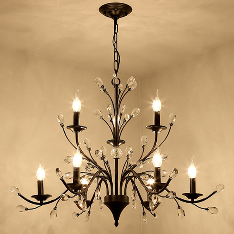 Traditional French Candle Dendritic Iron Crystal 3/6/9/12 Light Chandelier For Living Room