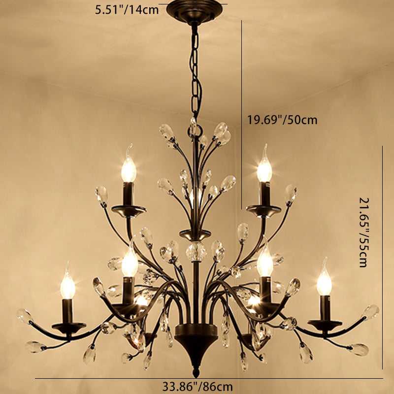 Traditional French Candle Dendritic Iron Crystal 3/6/9/12 Light Chandelier For Living Room