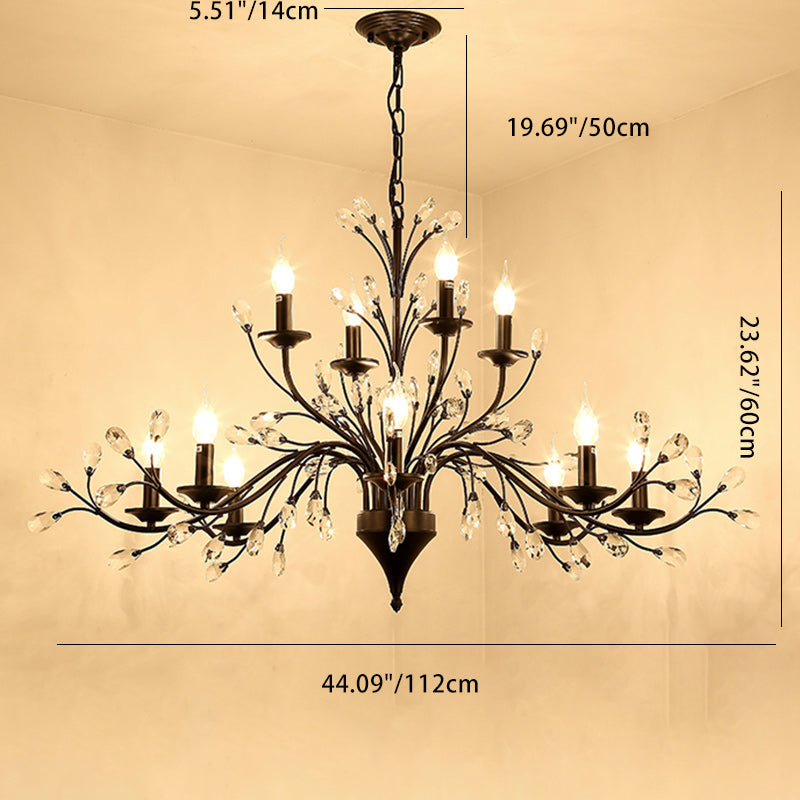 Traditional French Candle Dendritic Iron Crystal 3/6/9/12 Light Chandelier For Living Room