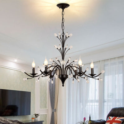 Traditional French Candle Dendritic Iron Crystal 3/6/9/12 Light Chandelier For Living Room