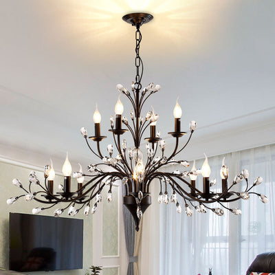 Traditional French Candle Dendritic Iron Crystal 3/6/9/12 Light Chandelier For Living Room