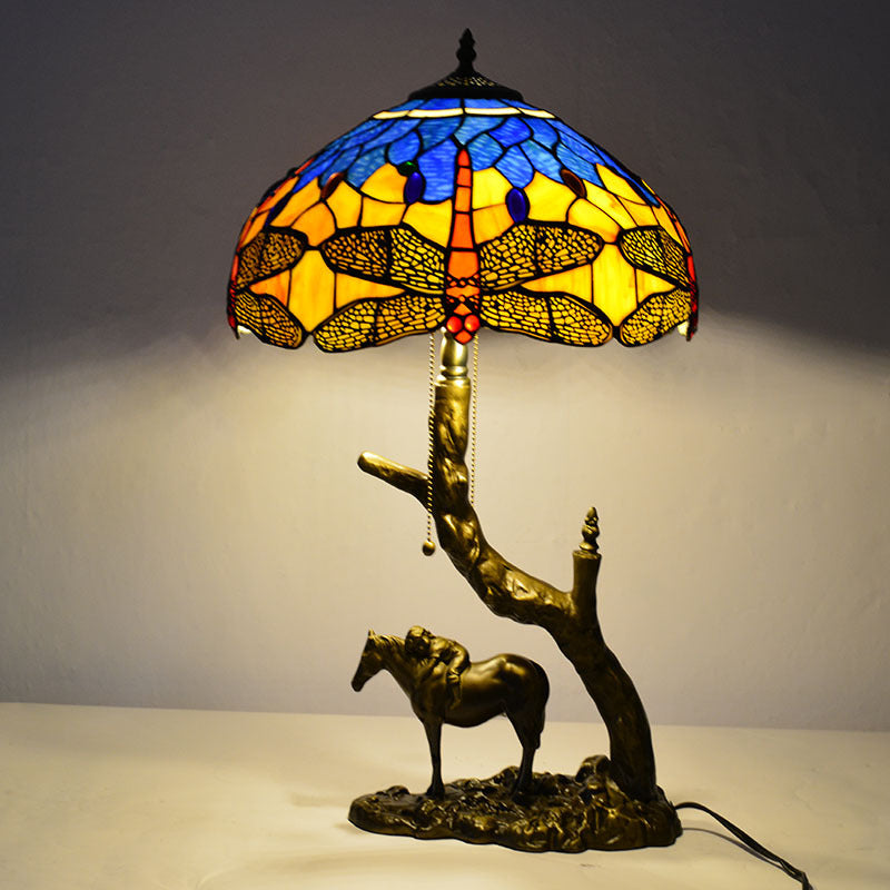 Traditional Tiffany Round Cone Umbrella Iron Stained Glass 2-Light Table Lamp For Bedroom