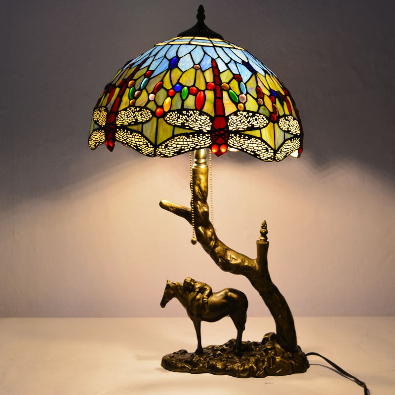 Traditional Tiffany Round Cone Umbrella Iron Stained Glass 2-Light Table Lamp For Bedroom