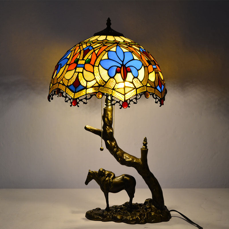 Traditional Tiffany Round Cone Umbrella Iron Stained Glass 2-Light Table Lamp For Bedroom