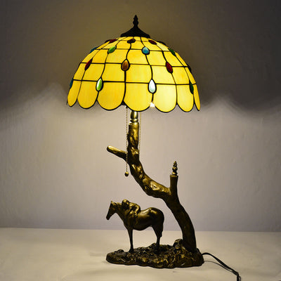 Traditional Tiffany Round Cone Umbrella Iron Stained Glass 2-Light Table Lamp For Bedroom