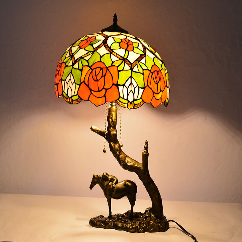 Traditional Tiffany Round Cone Umbrella Iron Stained Glass 2-Light Table Lamp For Bedroom