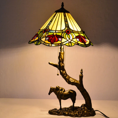 Traditional Tiffany Round Cone Umbrella Iron Stained Glass 2-Light Table Lamp For Bedroom