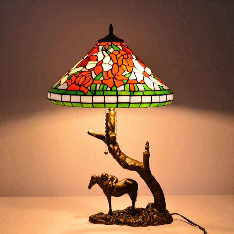 Traditional Tiffany Round Cone Umbrella Iron Stained Glass 2-Light Table Lamp For Bedroom