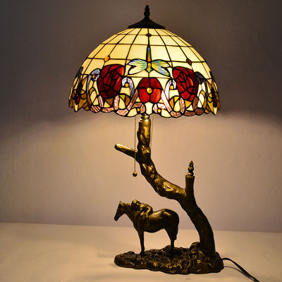 Traditional Tiffany Round Cone Umbrella Iron Stained Glass 2-Light Table Lamp For Bedroom