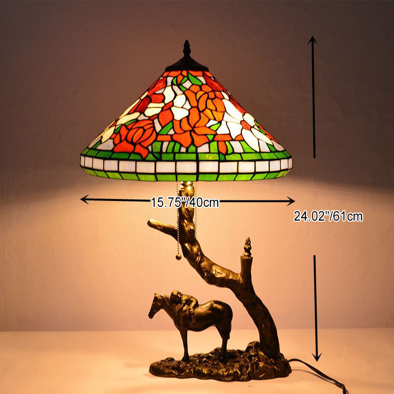 Traditional Tiffany Round Cone Umbrella Iron Stained Glass 2-Light Table Lamp For Bedroom