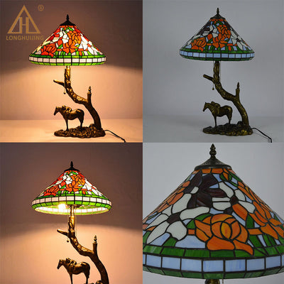 Traditional Tiffany Round Cone Umbrella Iron Stained Glass 2-Light Table Lamp For Bedroom