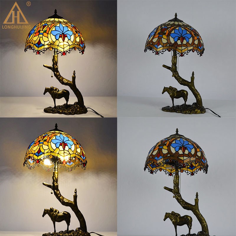 Traditional Tiffany Round Cone Umbrella Iron Stained Glass 2-Light Table Lamp For Bedroom