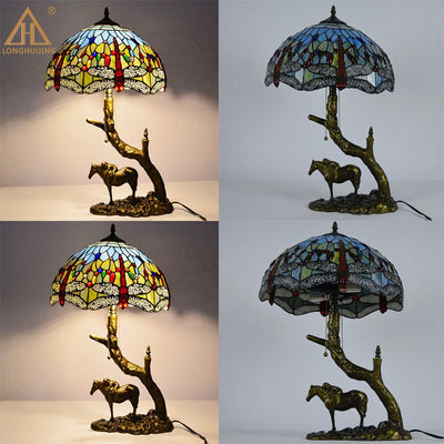 Traditional Tiffany Round Cone Umbrella Iron Stained Glass 2-Light Table Lamp For Bedroom