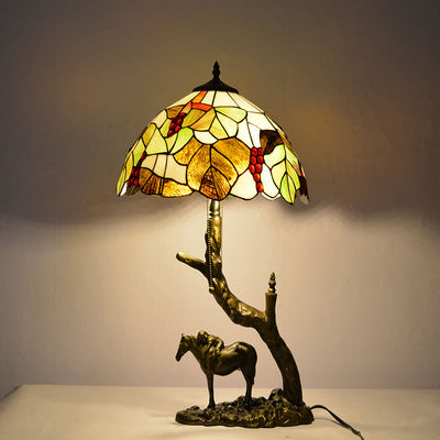 Traditional Tiffany Round Cone Umbrella Iron Stained Glass 2-Light Table Lamp For Bedroom