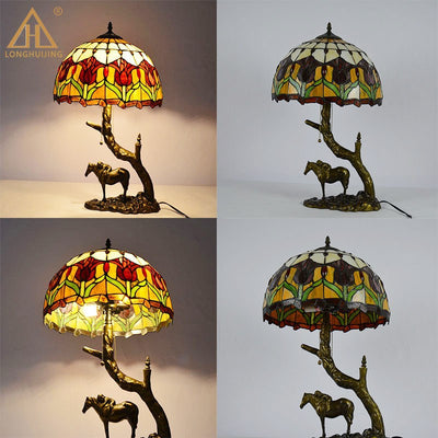 Traditional Tiffany Round Cone Umbrella Iron Stained Glass 2-Light Table Lamp For Bedroom