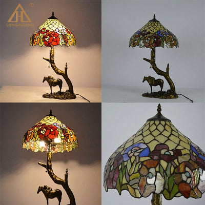 Traditional Tiffany Round Cone Umbrella Iron Stained Glass 2-Light Table Lamp For Bedroom