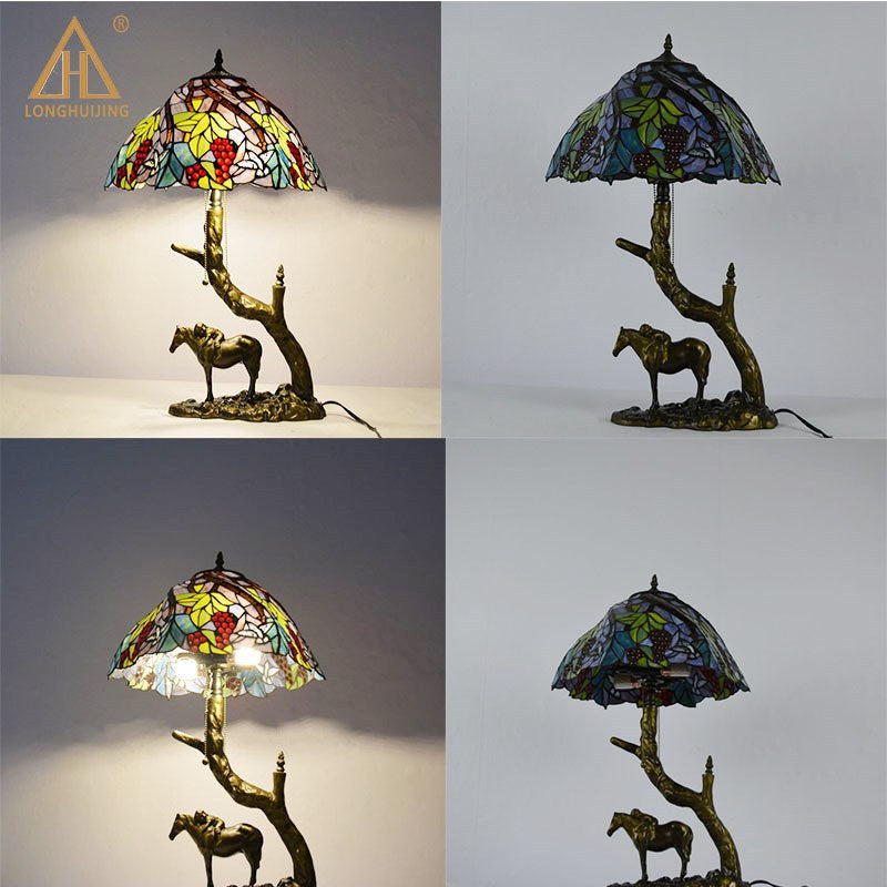 Traditional Tiffany Round Cone Umbrella Iron Stained Glass 2-Light Table Lamp For Bedroom