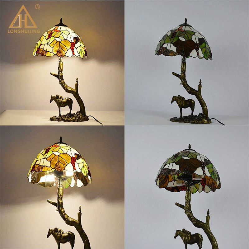 Traditional Tiffany Round Cone Umbrella Iron Stained Glass 2-Light Table Lamp For Bedroom