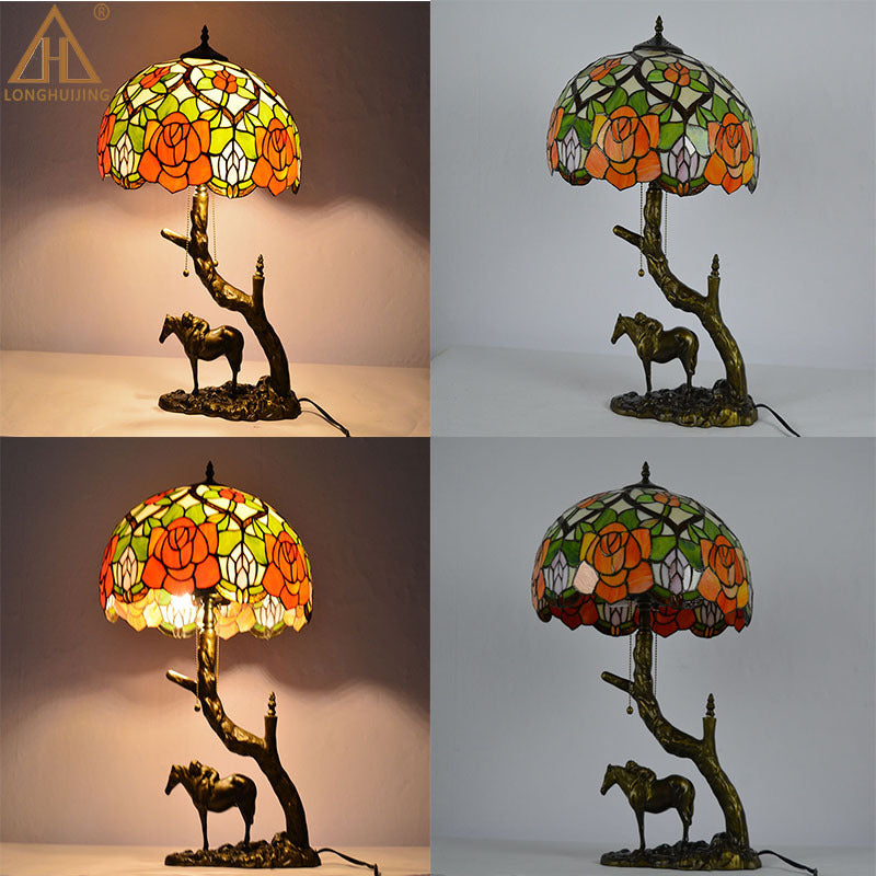 Traditional Tiffany Round Cone Umbrella Iron Stained Glass 2-Light Table Lamp For Bedroom