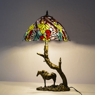 Traditional Tiffany Round Cone Umbrella Iron Stained Glass 2-Light Table Lamp For Bedroom