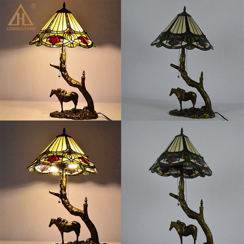 Traditional Tiffany Round Cone Umbrella Iron Stained Glass 2-Light Table Lamp For Bedroom