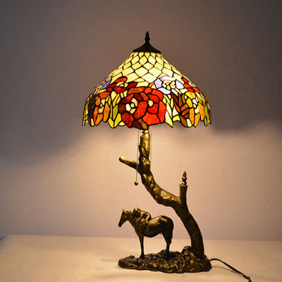 Traditional Tiffany Round Cone Umbrella Iron Stained Glass 2-Light Table Lamp For Bedroom