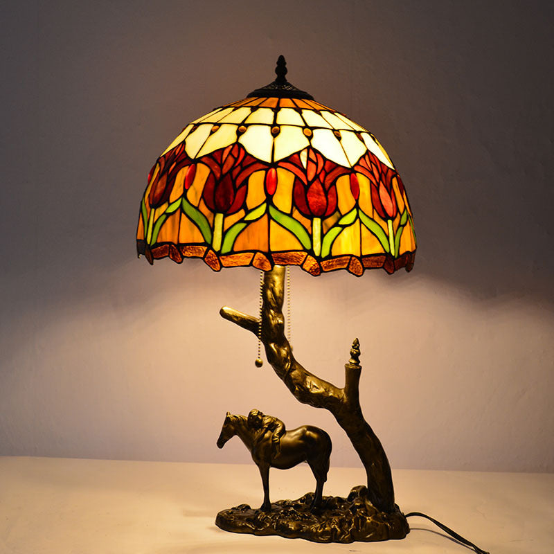 Traditional Tiffany Round Cone Umbrella Iron Stained Glass 2-Light Table Lamp For Bedroom