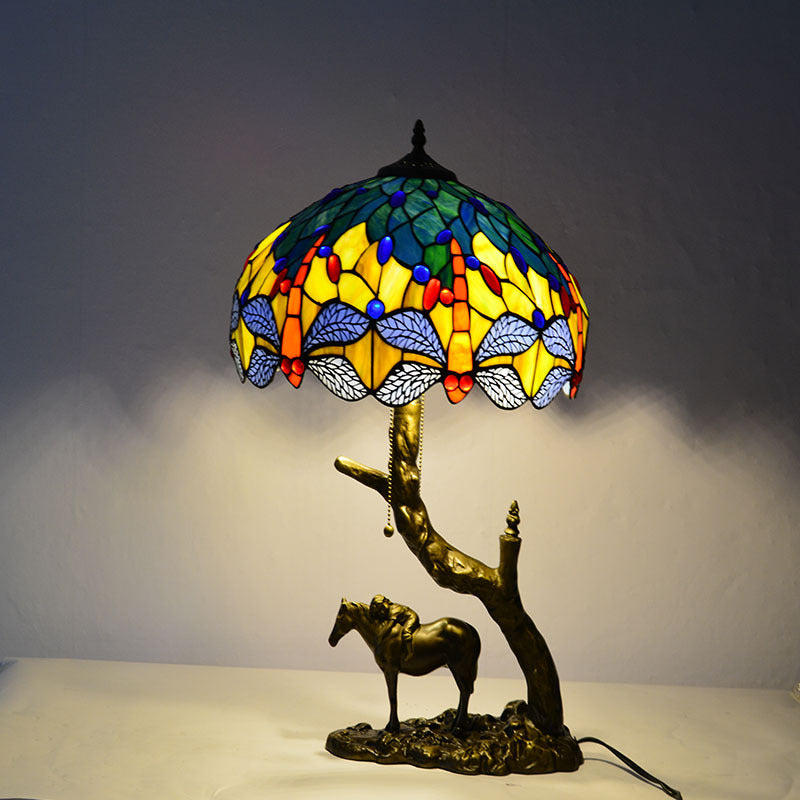 Traditional Tiffany Round Cone Umbrella Iron Stained Glass 2-Light Table Lamp For Bedroom