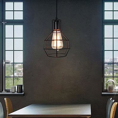 Contemporary Industrial Iron Cage Round Oval Pentagram Iron 1-Light Pendant Light For Dining Room