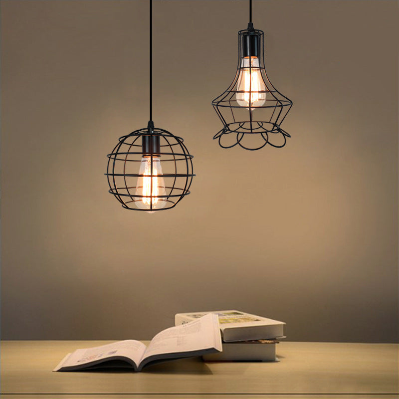 Contemporary Industrial Iron Cage Round Oval Pentagram Iron 1-Light Pendant Light For Dining Room