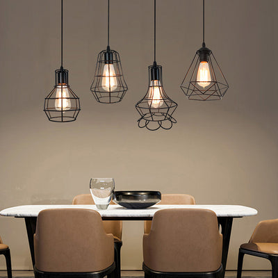 Contemporary Industrial Iron Cage Round Oval Pentagram Iron 1-Light Pendant Light For Dining Room