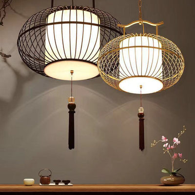 Traditional Vintage Birdcage Round Oval Metal Fabric 1-Light Pendant Light For Dining Room