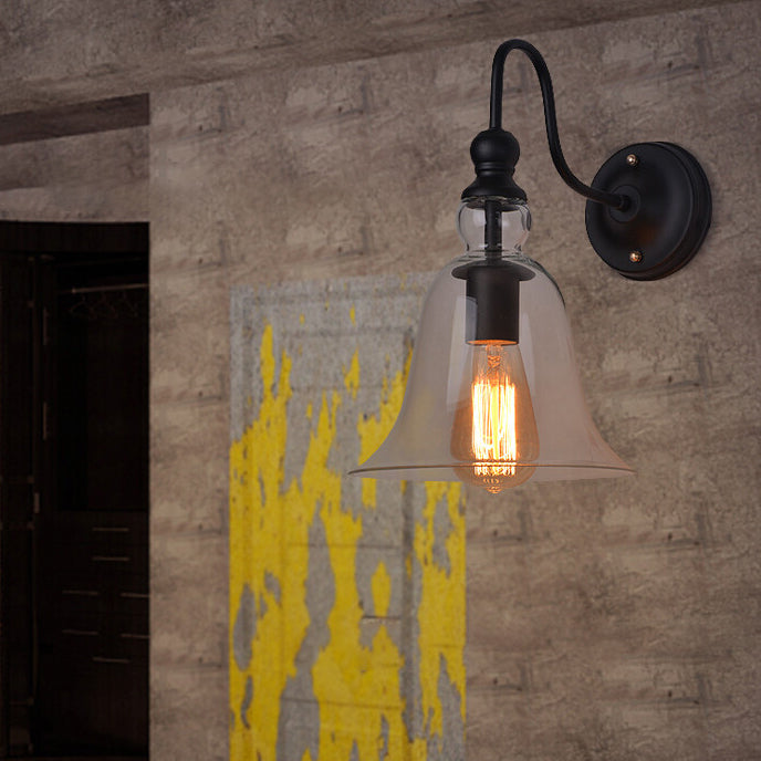 Contemporary Industrial Bell Shaped Cone Iron Glass 1-Light Wall Sconce Lamp For Bedroom