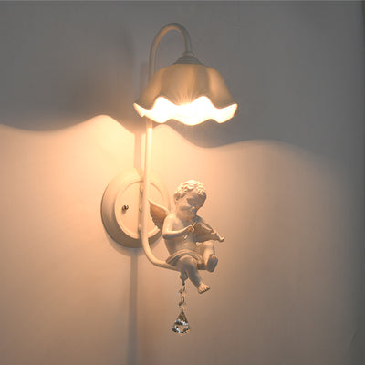 Contemporary Creative Angel Round Cylindrical Petal Shaped Iron Glass Ceramic Resin 1-Light Wall Sconce Lamp For Bedroom