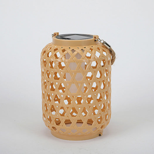 Modern Art Deco Solar Waterproof Imitation Rattan Woven Lantern Cylindrical Plastic LED Outdoor Light For Garden