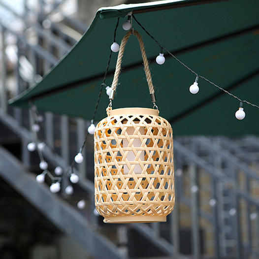 Modern Art Deco Solar Waterproof Imitation Rattan Woven Lantern Cylindrical Plastic LED Outdoor Light For Garden