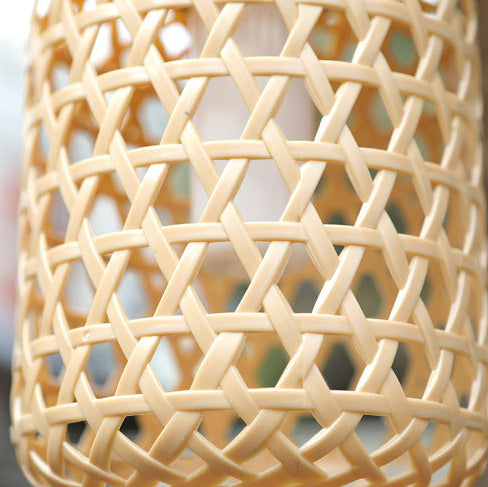 Modern Art Deco Solar Waterproof Imitation Rattan Woven Lantern Cylindrical Plastic LED Outdoor Light For Garden