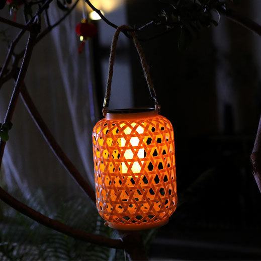 Modern Art Deco Solar Waterproof Imitation Rattan Woven Lantern Cylindrical Plastic LED Outdoor Light For Garden