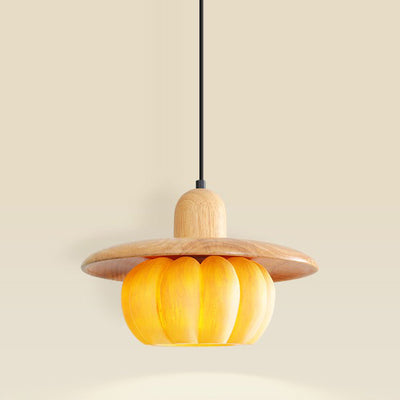 Contemporary Creative Pumpkin Round Wood Resin 1-Light Pendant Light For Bedroom